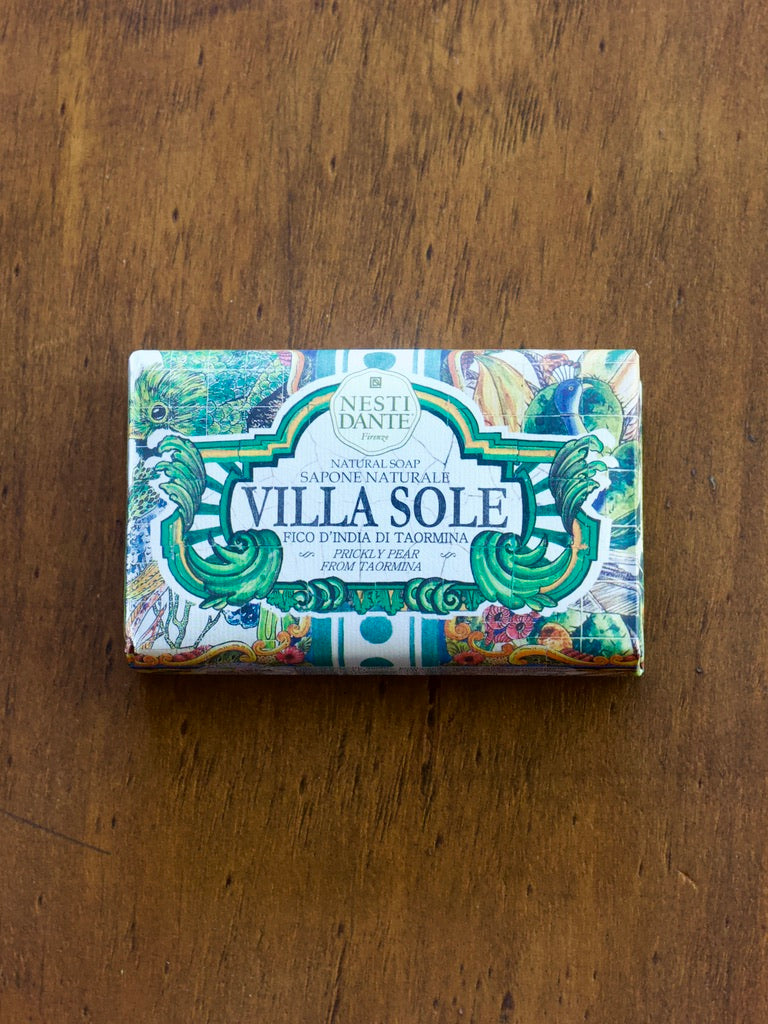 Nesti Dante Villa Sole Soap bar of soap with 'Villa Sole' packaging on a wooden surface