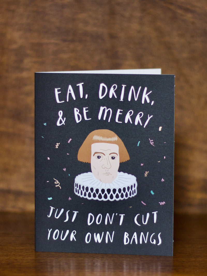 Christmas greeting card with humorous text and illustration of a person with bangs on a dark background