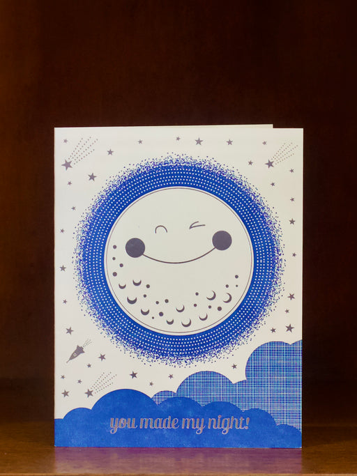 Greeting card with a blue moon design and 'you made my night!' text on a dark background