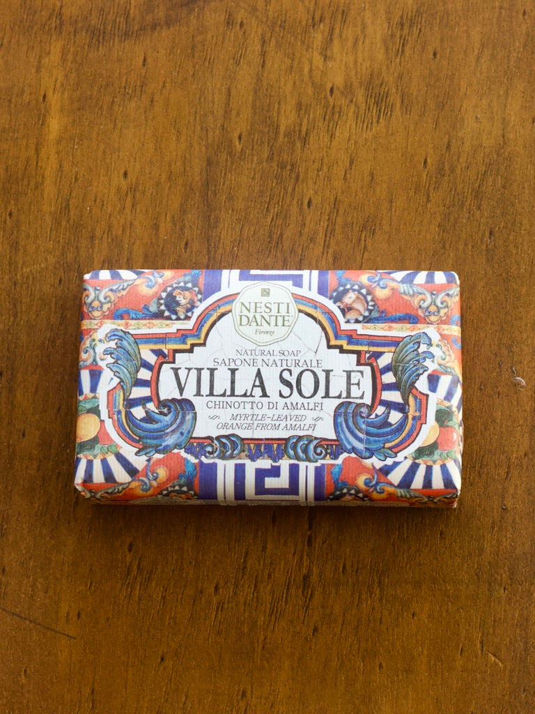 Nesti Dante Villa Sole Soap bar of soap with 'Villa Sole' packaging on a wooden surface