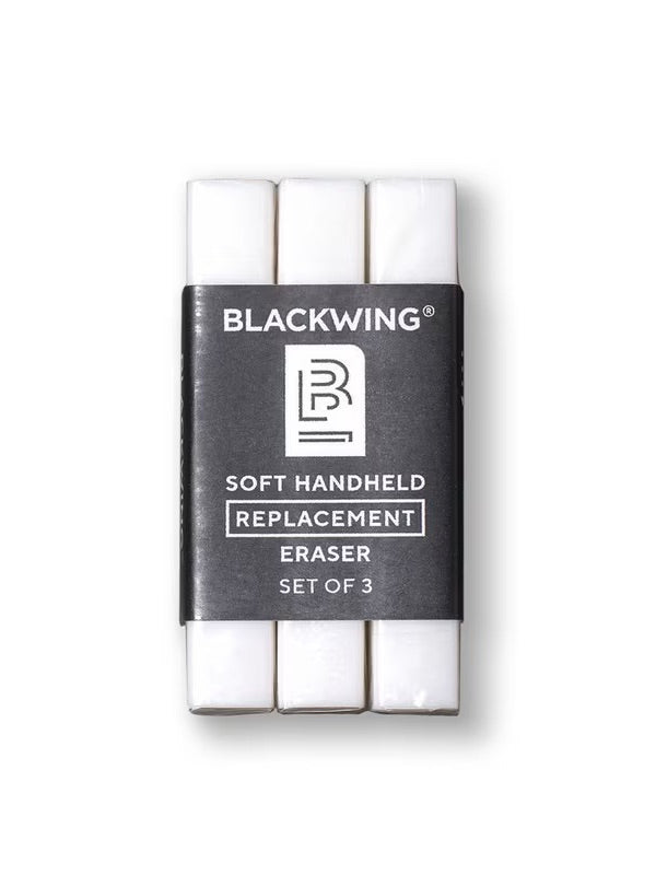 Set of three soft handheld replacement erasers in packaging with Blackwing branding on a white background.