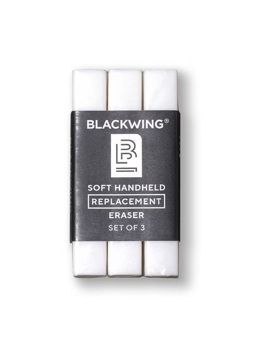 Set of three soft handheld replacement erasers in packaging with Blackwing branding on a white background.