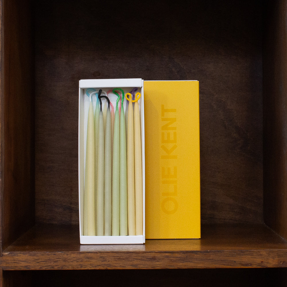 Olie Kent Beeswax Moodie Taper Candles with multi coloured wicks | Box of 14