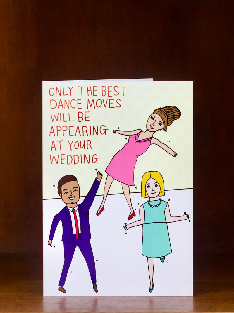 Wedding card with illustrations of three people dancing and text about wedding dance moves on a dance floor