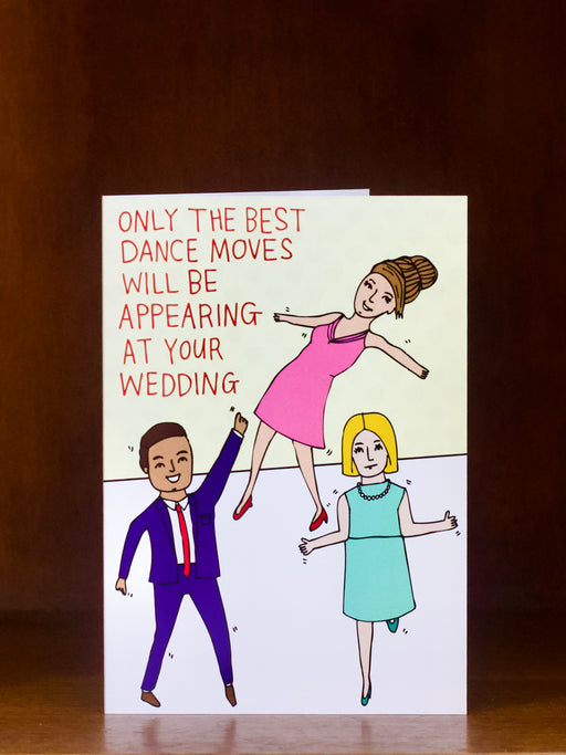 Wedding card with illustrations of three people dancing and text about wedding dance moves on a dance floor