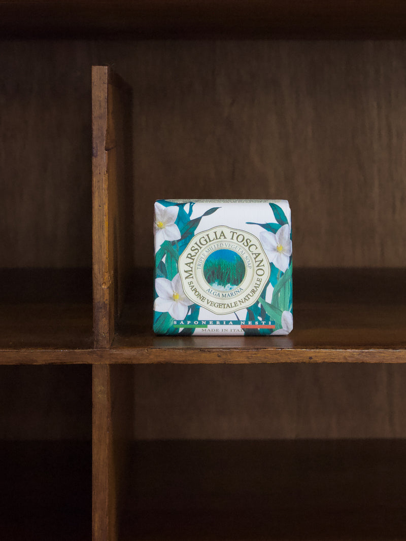 Nesti Dante Marsiglia Toscano Alga Marina soap bar on a wooden shelf